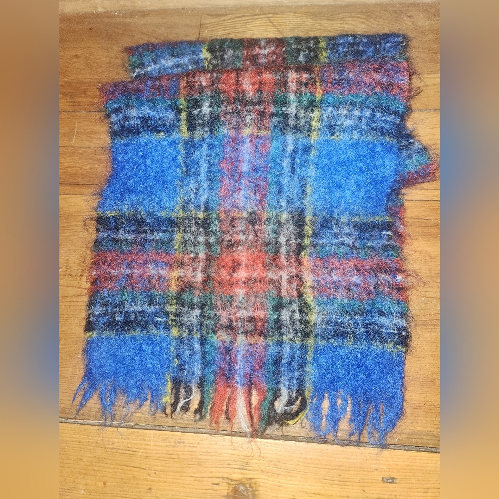 Colorful Plaid Mogair And Wool Scarf All Mohair Pile Made In Scotland.